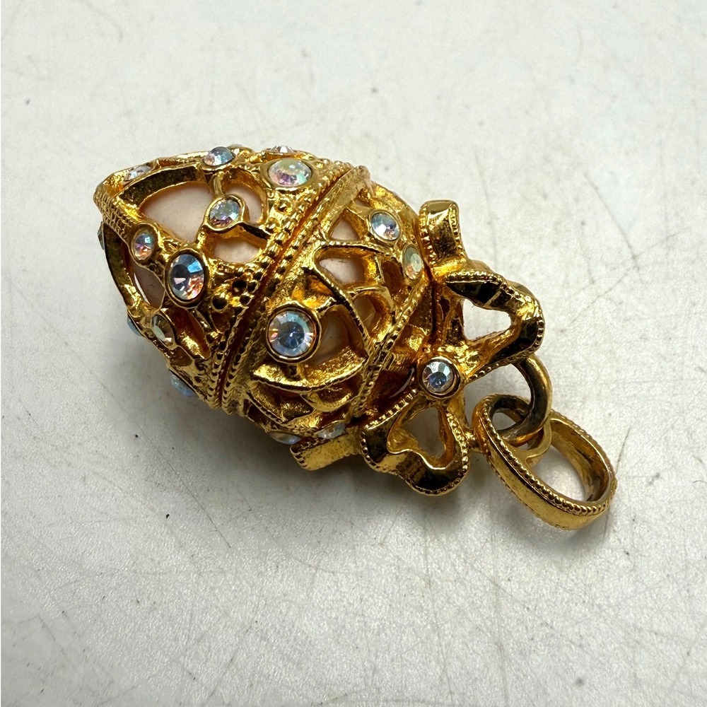 Vintage Gold Tone Filigree Egg Pendant AB Crystal Hinged Locket Charm